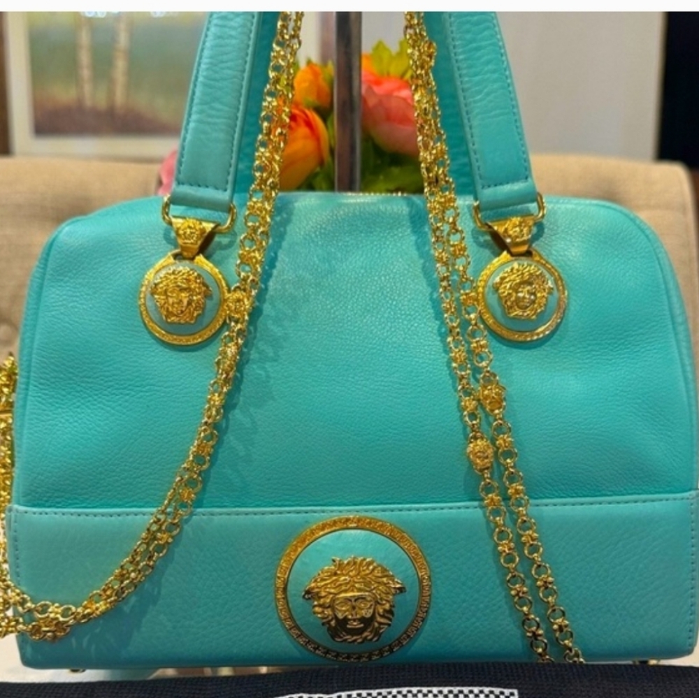 Rare Versace Aqua Leather Shoulder Bag with Gold Accents